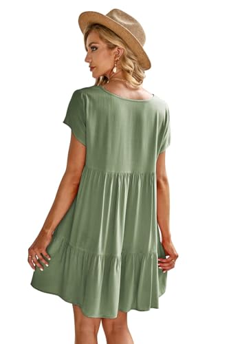 Image of Fangetey Women's V-Neck Tunic Dresses Short Sleeve Button Down Loose Casual Summer Short Flowy Swing Dress Green