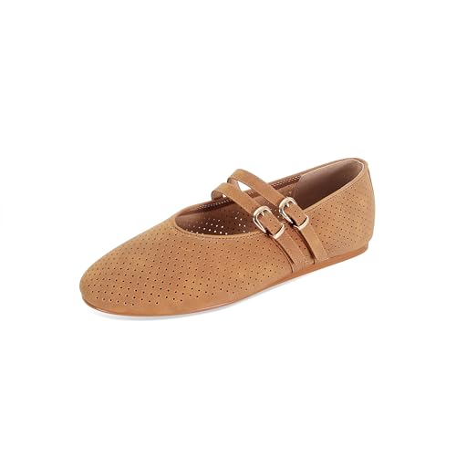 SOVANYOU Suede Mary Jane Flats for Women Perforated Round Toe Ballet Flats with Double Buckle Strap Breathable Mesh Ballerina Shoes