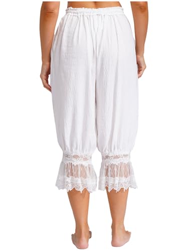 Women Lace Trim Long Bloomers Elastic Waist Drawstring Loose Harem Pants Medieval4