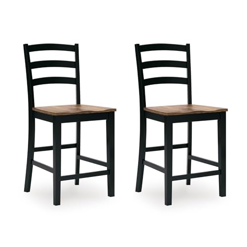 Image of Signature Design by Ashley Counter Height Barstool, Set of 2, Brown /Black | Solid wood frame with contoured butcher block veneer seat, Farmhouse style for kitchen islands, Wildenauer Series