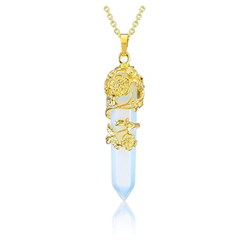 PESOENTH Healing Crystal Point Pendant Necklace for Women, Gold Flower Wrapped Opalite Hexagonal Energy Healing Stone Chakra Necklace Gemstone Balancing Jewelry Gifts