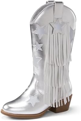 PATPAT Girls Cowgirl Boots Pointed Toe Stars Tassel Western Cowboy Boots for Riding Vintage Fringe Platform Shoes