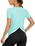 ATTRACO Womens Active Tops Raglan Short Sleeve Exercise Shirts Split Mesh Back Tees Aqua