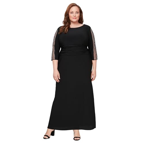 Image of S.L. Fashions Womens Long Length Ruched Waist Formal Mother of The Dress with Beaded Illusion 3 /4 Sleeves (Plus Size)