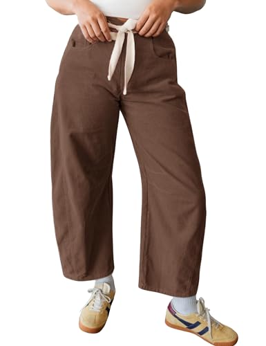 Athlisan Womens Corduroy Barrel Pants Wide Leg Mid Rise Drawstring Baggy Trousers with Pockets