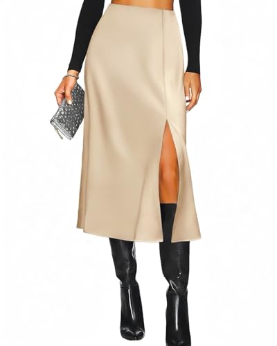 Yewanka Women's Slit Satin Midi Skirt High Waisted Leopard Silk Long Skirts