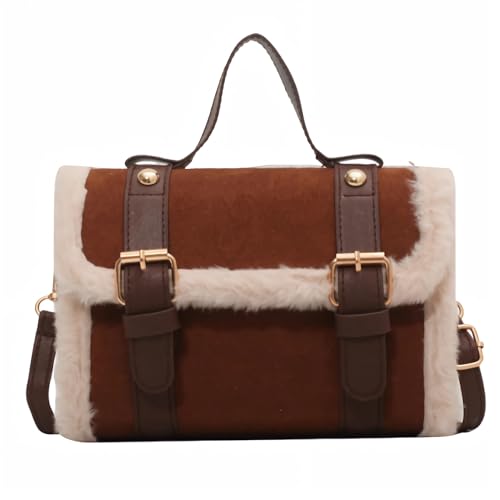 Brown Faux Suede Crossbody Bag with Sherpa Flap