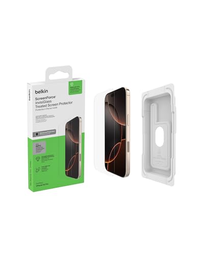 Belkin ScreenForce InvisiGlass Screen Protector for iPhone17 + iPhone 16 Pro, Scratch-Resistant Impact Protection with Included Easy Align Tray for Bubble Free Application, Recycled Glass