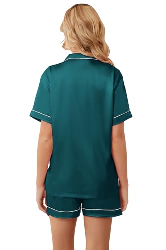 Umeyda Women's Satin Pajamas Set Short Sleeve Button Down Silk Sleepwear 2 Piece Lounge Sets, Malachite Green, Large