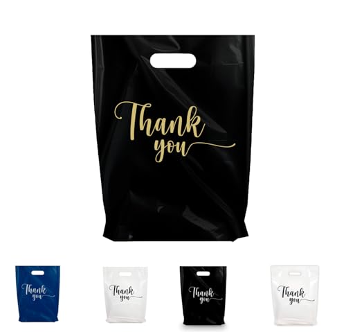 THANK YOU MERCHANDISE STORE BAGS, different sizes 9"x12", 12"x15", 15"x18" 1.25 Mil. PACKS of 100/200/500 Retail Product Bags I 100% Recyclable (100, Black/GoldTY, 15x18")