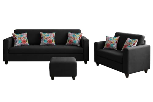 Image of Rosebell 3+2 Fabric Sofa Set with Ottoman | Premium Upholstery 5-Seater Sofa | with Printed Cushions | Living Room Furniture |Black-Color