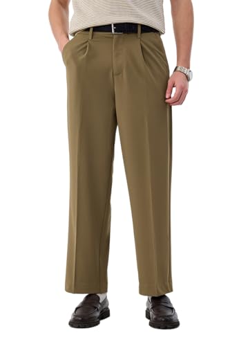 Image of SNITCH Men Trousers Formal Wear | Relaxed Fit Pleated Front Straight Leg Plain Design | Durable Polyester Blend for Office & Business Meetings