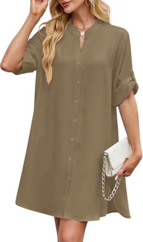 Image of PerZeal Womens Sexy V Neck Button Down Shirt Dresses Summer Short Sleeve Casual Loose Blouses & Button-Down Shifts Cover Ups