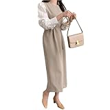 [J-Scott] [ジェイスコット] レイヤード風ワンピース 異素材MIX ぽわん袖 ロング丈 ウエストマーク バイカラー 綿混 ベージュ 肌色 JS61-BG-M