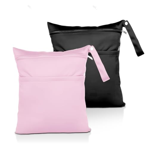 Debbery 2Pcs Wet Bags, Waterproof Reusable Wet Dry Bags for Swimming with Double Zipper Pockets, Washable Cloth Diaper Bag, for Baby Swim Nappy, Travel, Beach, Pool, Gym, Yoga, Dirty Clothes