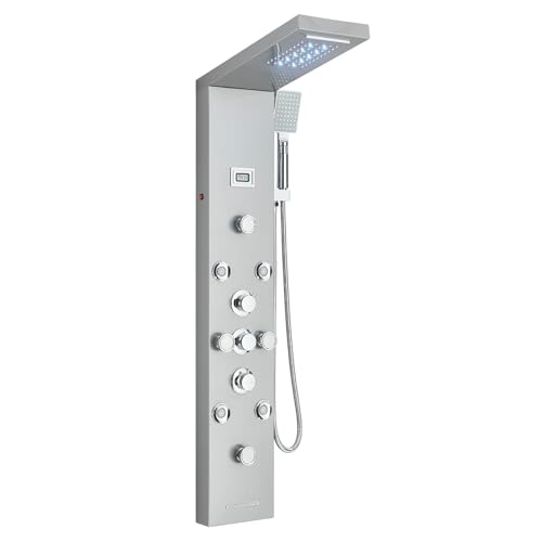 Saeuwtowy Columna de ducha LED hidromasaje, columna de ducha de acero inoxidable con 8 microchorros de masaje, sistema de ducha de pared cepillado