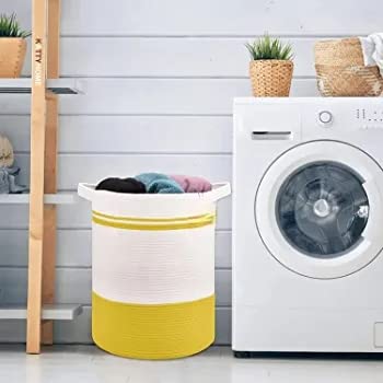 Image of Laundry Basket for Storage, High Storage Basket, Laundry Hamper with Handles, 15X 17, Cotton Rope Basket, Woven Laundry Basket, Toy Basket, Clothes Baskets,Woven Basket, Yellow