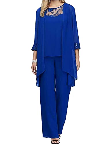 Freebily Traje De Fiesta Elegante De Gasa para Mujer Conjunto De 3 Piezas De Color Sólido Camiseta Sin Mangas + Cárdigan Manga Larga + Pantalones Largos Azul B 4XL