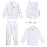 Produkttyp: Suit Tuxedo Kostüm für Kinder, Jungen, Hemd, Blazer, Jacken, lange Hosen + Fliege, 5-teiliges Set für Zeremonie, Geburtstag, Abendveranstaltungen, weiß, 8-9 Jahre