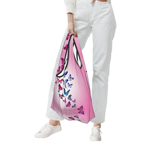 Pink Butterflies Print Grocery Shopping Bags Reusable With Flowers Plant Lover Gifts Shopping Bag Lightweight Foldable Bag3