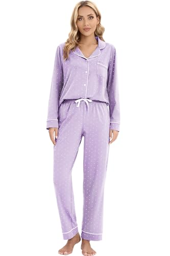Image of LUBOT 100% Cotton Pajamas for Women Pajama Set Soft 2 Piece Sleepwear PJ Set Long Sleeve Knit Button Cozy Loungewear XS-XXL