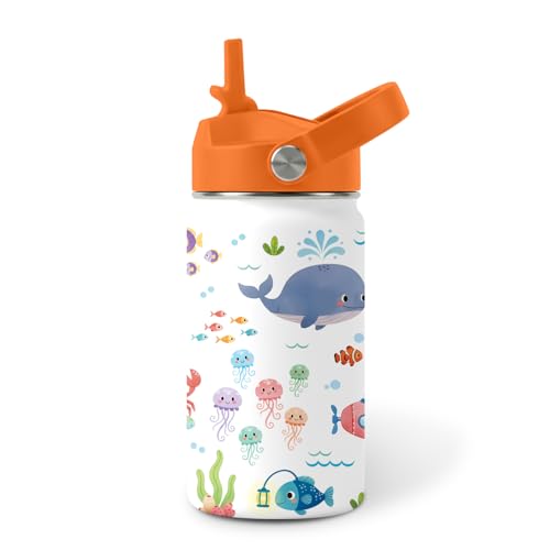 Image of Sea Animal Water Bottle for Daughter, Stainless Steel Insulated Tumbler with Straw Lid and Handle, 12oz Reusable Leak-Proof Bottle for Sports