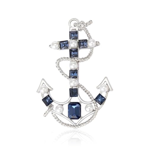 Rhinestone Boat Anchor Brooch for Women Sparkling Cubic Zirconia Anchor Brooch Gold Silver Nautical Jewelry Pin Shimmering Ocean Themed Accessory (Blue)