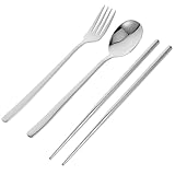 BESPORTBLE Juego de Utensilios Portátiles 3 Piezas para Camping y Viaje, Cubiertos de Acero Inoxidable 304, Color Plateado, Tenedor, Cuchara y Palillos Compactos con Estuche para Fiambrera