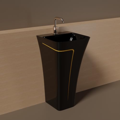 Image of Pedestal Wash Basin, Ceramic One Piece Wash Basin for Bathroom & Living Room, Modern Home Wash Basin with Glossy White Finish (L15XW15.8XH35 Inch) (Black + Yellow Line)