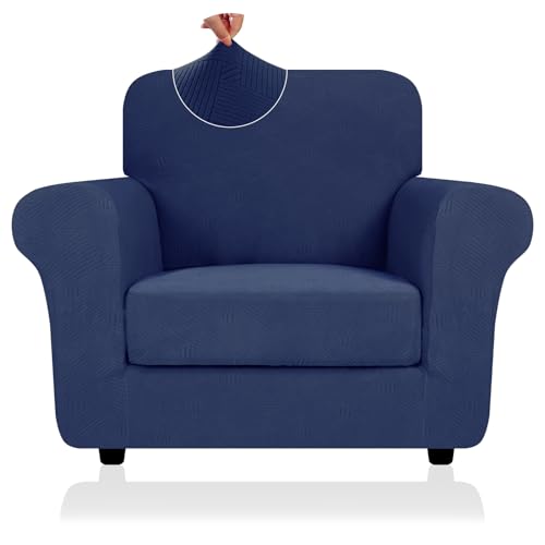 ZNSAYOTX 2 Piece Stretch Chair Covers (31"-46"), Thick Striped Armchair Slipcover with Elastic Band Bottom Ties Non-Slip Stay in Place, Soft Durable Arm Chair Covers for Living Room, Navy Blue