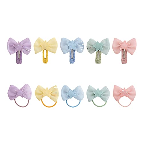 10Pcs Summer Crystal Fashion Tulle Hair Tie and Hair Clip Set For Girls and Women, Bowknot With Star/Flower Style, Hair