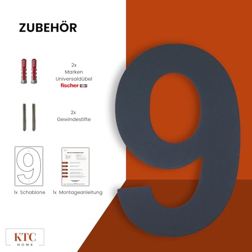 KTC-HOME - PREMIUM Hausnummer Anthrazit inkl. Montagematerial - pulverbeschichtet - Arial - Höhe 20 cm - RAL 7016 - rostfrei & wetterfestes Hausnummernschild - Hausnummer 9 -