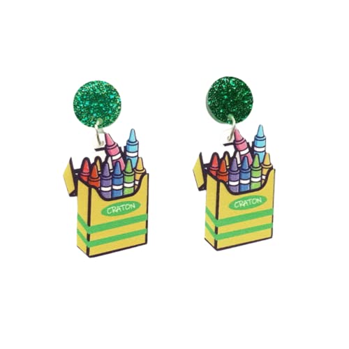 Funny Wooden Stackable Love Book Pencil Drop Dangle Earrings Lightweight Rainbow Sunflower Crayon Teachers Earrings Classic Librarian Teacher Student Graduation Back to School Reading Jewelry