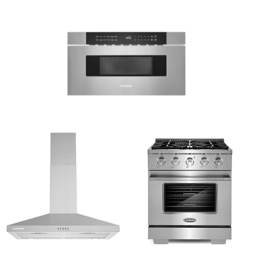 COSMO 3-Piece Kitchen Appliance Packages, 30" Microwave Drawer Stainless Steel No Handle, 30" Wall Mount Range Hood and 30" Gas Range