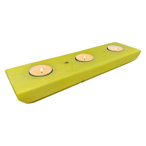 Candle Holder 3 Tea Light Wood Candle Holder, 12 inches, Home Decor Statement Piece for Table Top Display (Yellow, Boat)