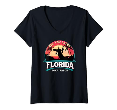 Womens Boca Raton Florida Vacation Alligator Retro Sunset Souvenirs V-Neck T-Shirt