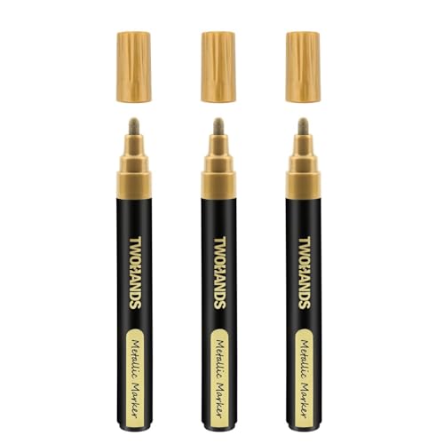 Image of Metallic Marker Pen Set of 3 | Shake and Use Paint Pens | Water-Based Quick Dry Non-Toxic Ink for Art, Craft, Card Making, Journaling, Rock Painting & Drawing (3 Gold- 3 Pic)