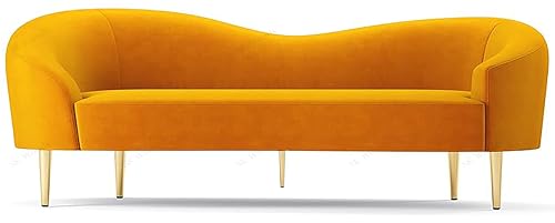 Image of Rosewood Luxury Curved Sofa in Premium Velvet-Fabric | Solid Wood Structure | High Density Foam | Sturdy Golden Legs | Comfortable & Stylish Couch for Living Room (Mustard Yellow, 3 Seater)
