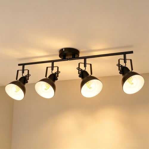 Image of HiBay Track Lighting Fixtures Ceiling Black, Adjustable 4-Light Spotlight | Industrial LED Track Lights for Kitchen, Dining Room, Bedroom, E26 Base (Bulb Not Included)