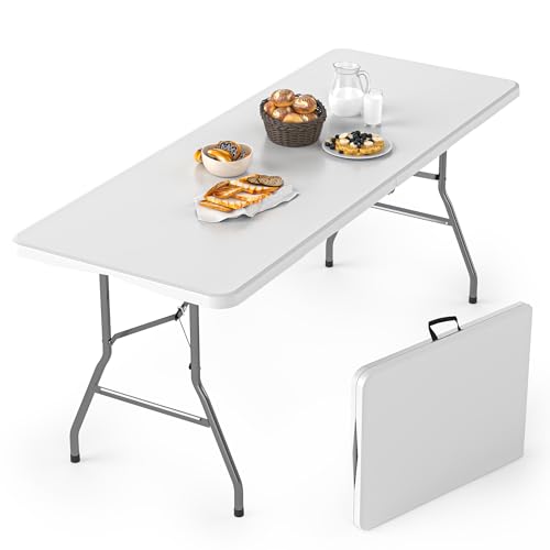 IWDOO 6FT Folding Table, Plastic Foldable Table for Indoor Outdoor, Heavy Duty Portable Dinning Tables with Carrying Handle, Utility Tables for Party, Camping, Banquet, Wedding, Events, Picnic, White