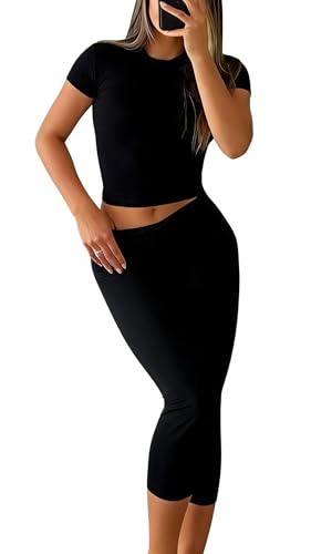 YETOWA Womens 2 Piece Workout Sets High Waisted Tummy Control Crop Top Capri Leggings Stretchy Soft Activewear