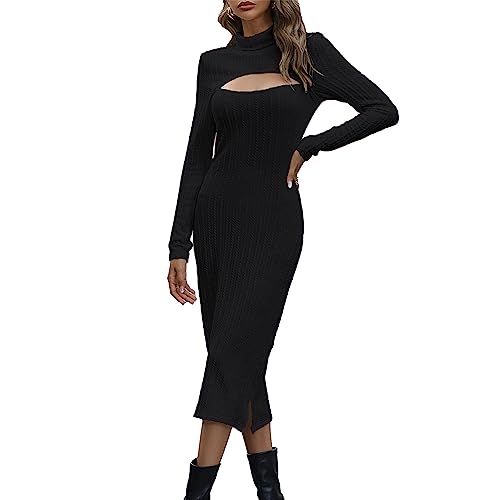 Generic Women's Rib Knit Pullover Sweater Dress Cut Out Long Sleeve Slim  Fit Bodycon Dresses Sexy Midi Long Sweater Dresses (Small,Black) at Amazon  Women's Clothing store