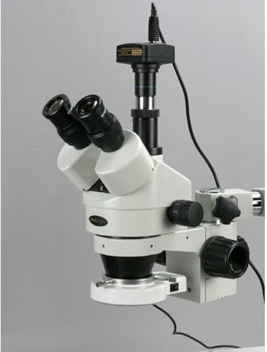 Image of AmScope SM-3TZ-54S-8M Digital Professional Trinocular Stereo Zoom Microscope, WH10x Eyepieces, 3.5X-90X Magnification, 0.7X-4.5X Zoom Objective, 54-Bulb LED Light, Single-Arm Boom Stand, 110V-240V, Includes 0.5X and 2.0X Barlow Lenses and 8MP Camera with Reduction Lens and Software