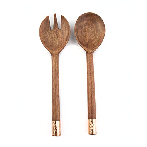 Thirstystone 2-Piece Mango Copper Salad Fork & Spoon Serving Set, All Natural Wood Elegant Kitchen Accessories, Medium, Brown