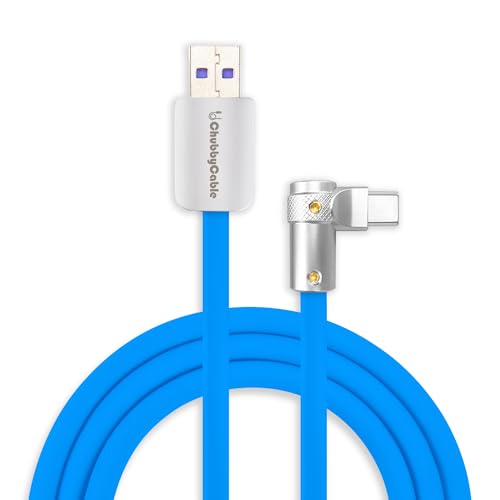 chubbycable FlexElbow 90 Degree 120W Fast Charging Cable Right Angle USB C Cable Silicone Charging Cord Compatible with iPhone 17-15 Series iPad, Blue, USB-A to Type-C, 0.32FT