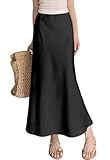 ebossy Women's Elegant Long Satin Skirt Silk Dressy Hidden Elastic Waist Flared A-Line Maxi Skirts (Large, Black)