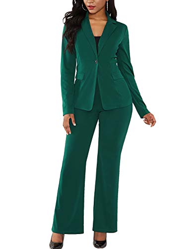 Shin Fashion Womens Two Piece Blazer Outfits Long Sleeve Slim Fit Jacket with Long Pants Suit Set for Work Green XL