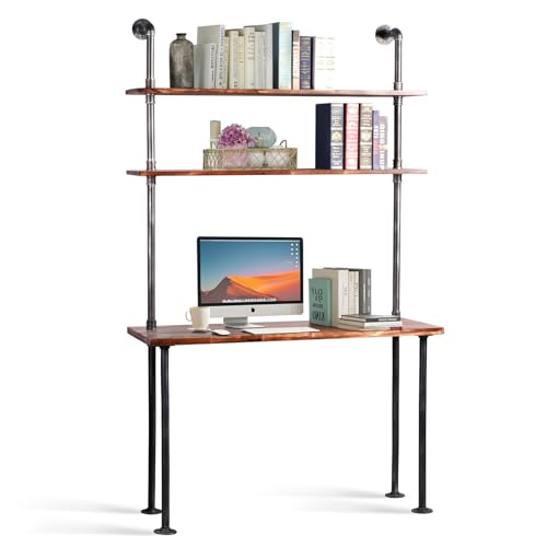 BOKKOLIK Industrial Leaning Desk with 2-Tiered Shelves Rustic Wall Mounted Computer Laptop Desk in Studying Room Farmhouse Writting Drafting Table for Office Pipe Design