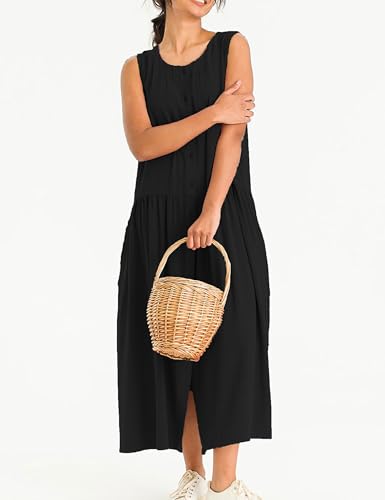 Image of Bozanly Summer Sleeveless Maxi Dress for Women Button Down Midi Dresses with Pockets Solid Color Loose Flowy Beach Dress 2025