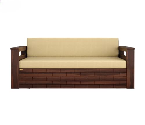 Image of Sheesham Wooden Sofa Cum Bed for Living Room with Side Pocket Storage - 3 Seater Sofa Cum Bed with Storage - 3 Person Sofa Cuma Bed Wooden with Premium Cushion Seating (Walnut)